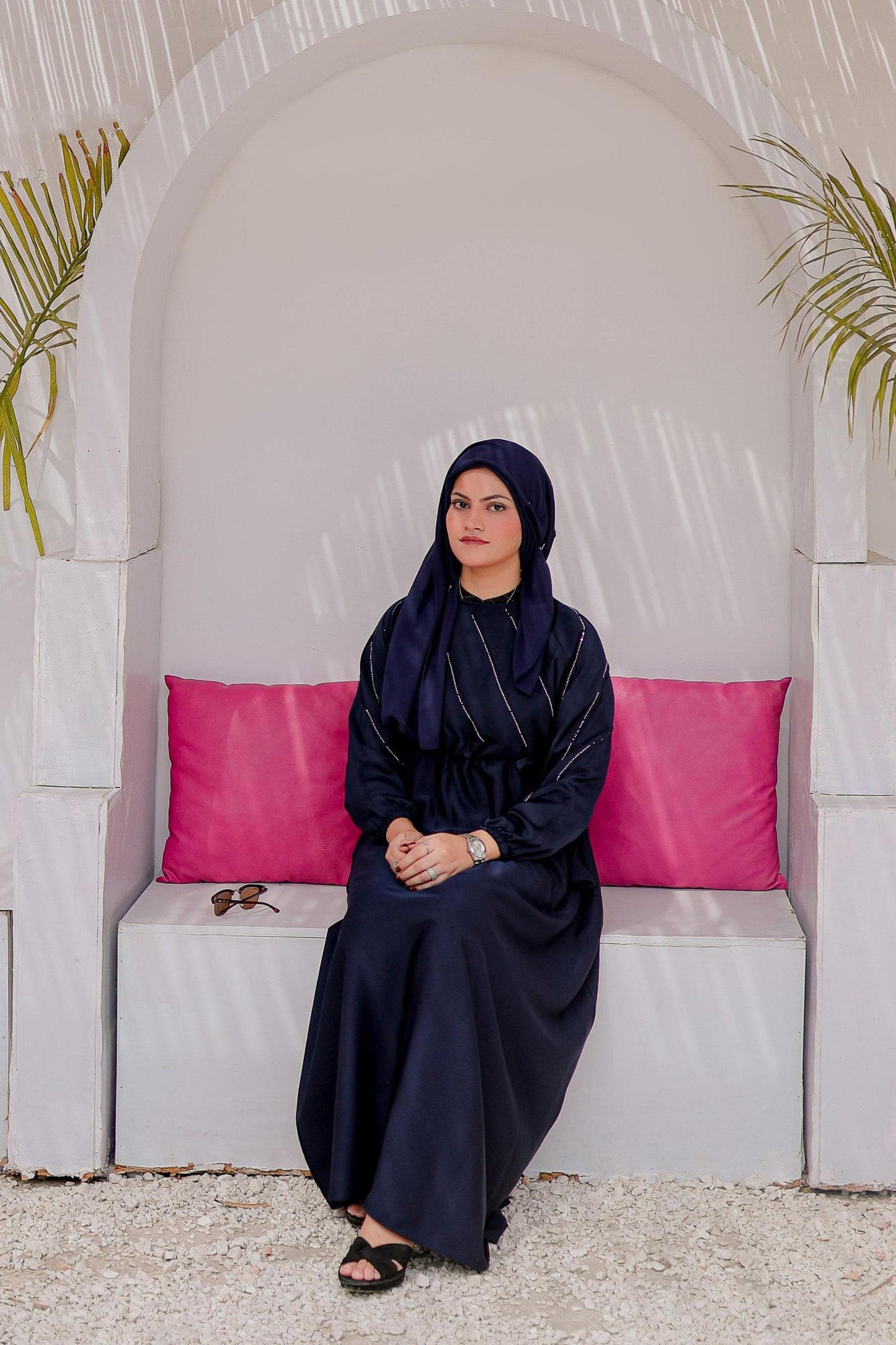 Half Pintex Abaya in Navy Blue