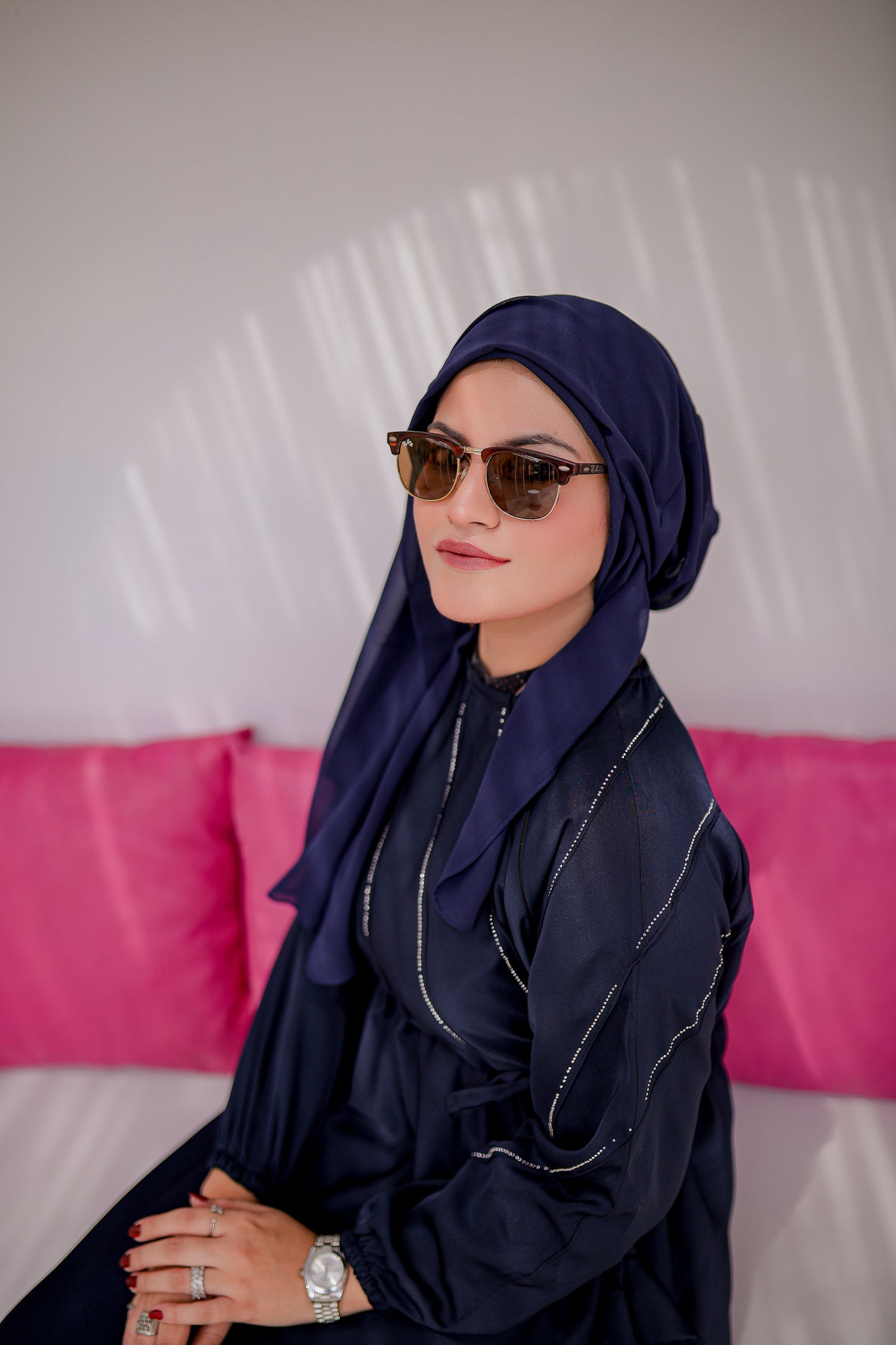 Half Pintex Abaya in Navy Blue