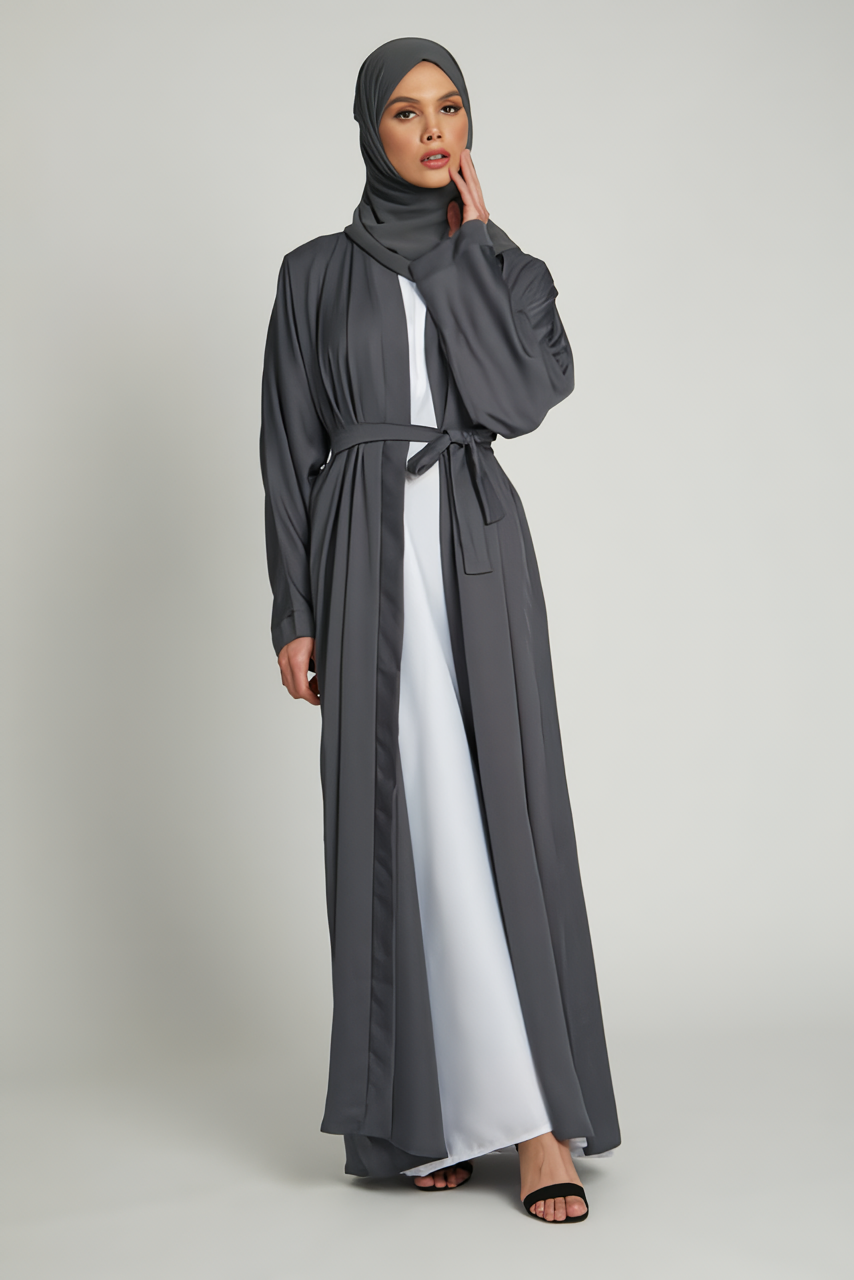 Buy Grey Kimono Abaya With White Inner Slip Dress – Grey