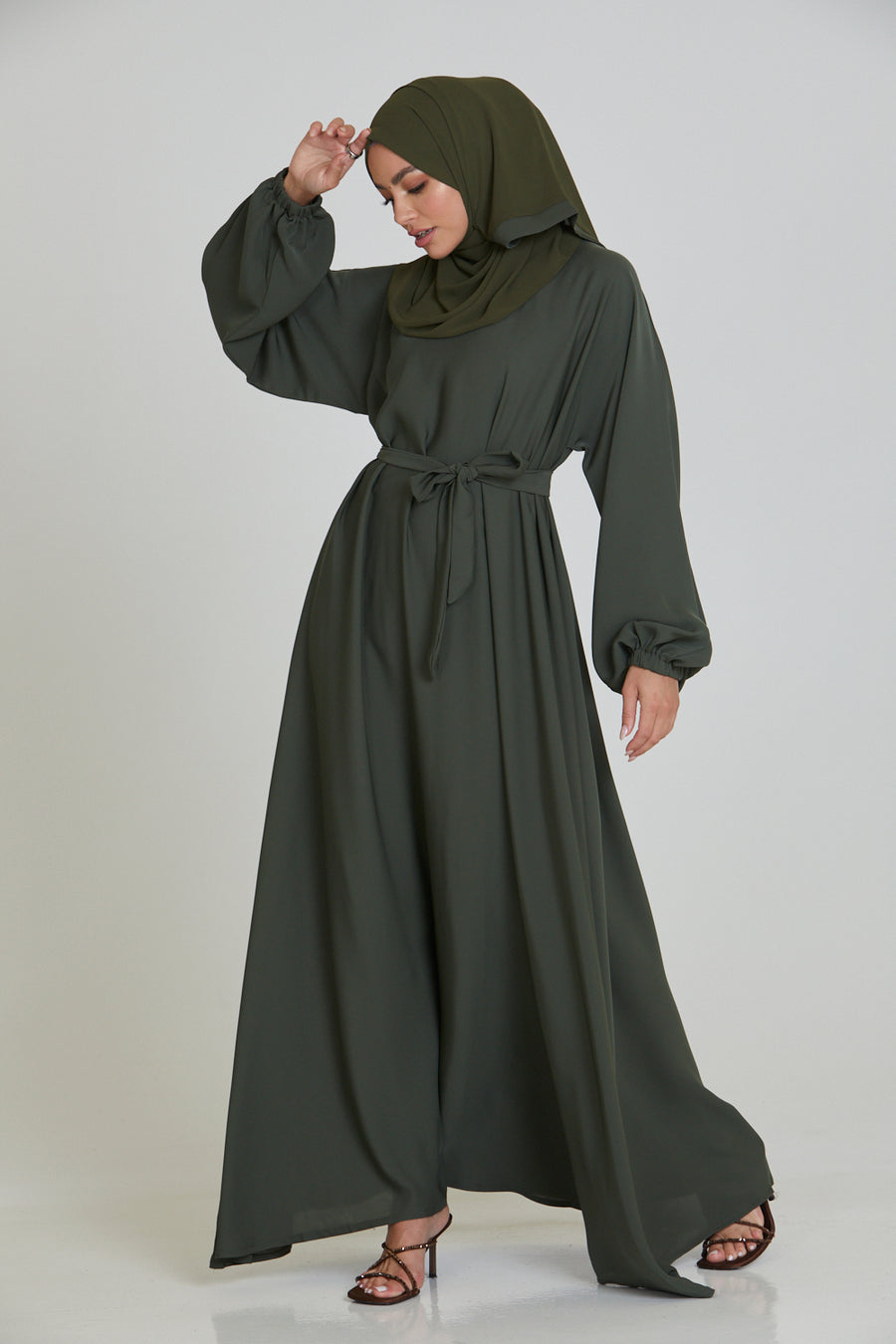 Buy Plain Umbrella Abaya Premium Olive Elasticated-Cuffs Abaya