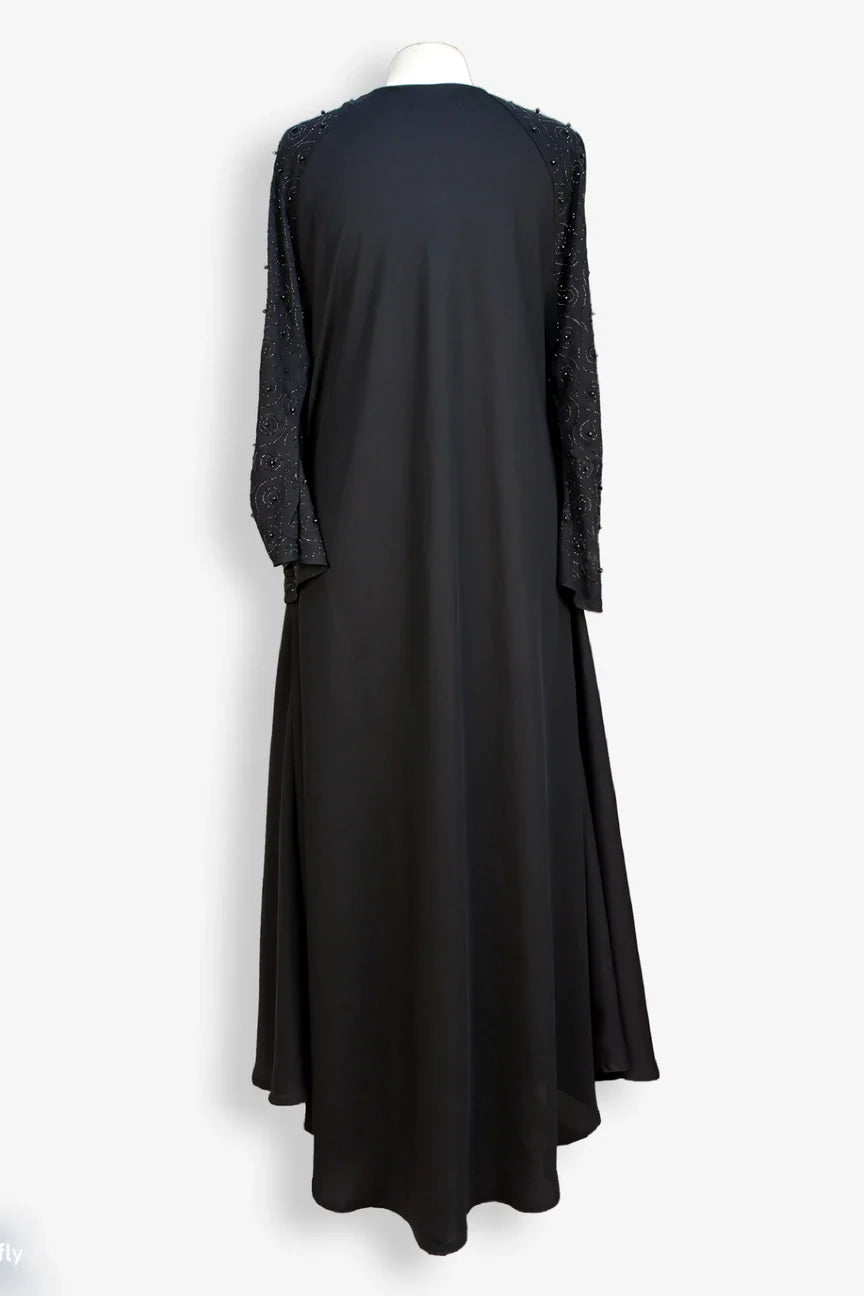 Full back side view of black abaya with pearl sleeve 800 moti work, modern modest abaya for women in Pakistan