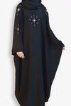 Stylish baggy style abaya with delicate hand work detailing, full front view, modest wear abaya for women in Pakistan