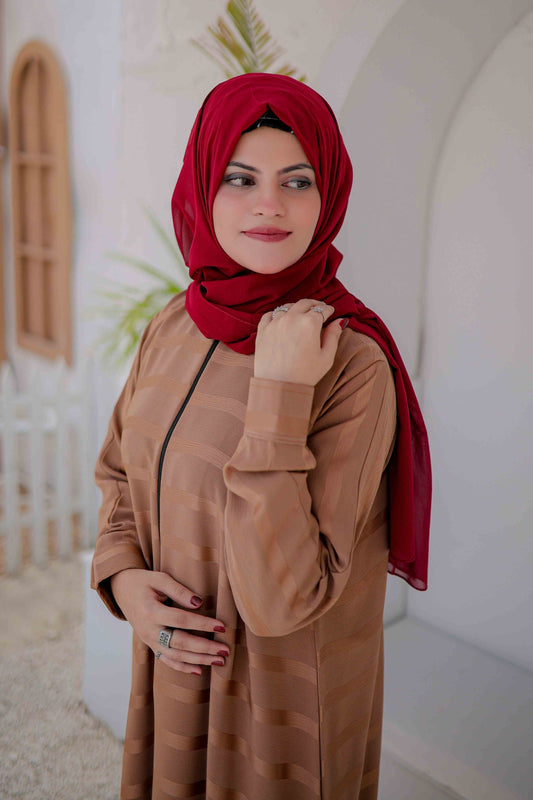 Zoomed-in view of beige abaya fabric and zipper detailing