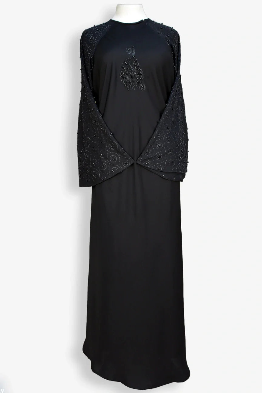 Elegant black abaya featuring pearl sleeves with 800 moti work, full front view, stylish modest abaya for women in Pakistan