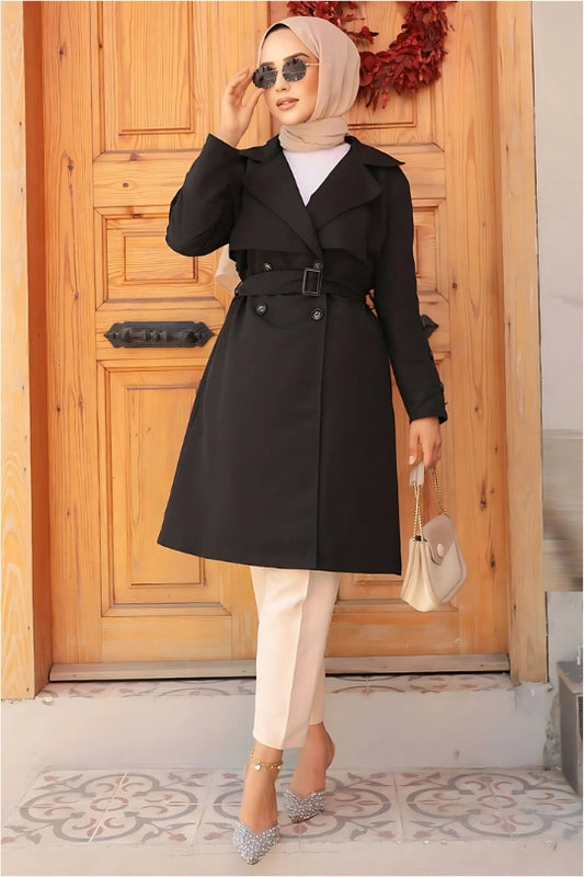 Side angle of Black Trench Short Coat Abaya showing modern modest design
