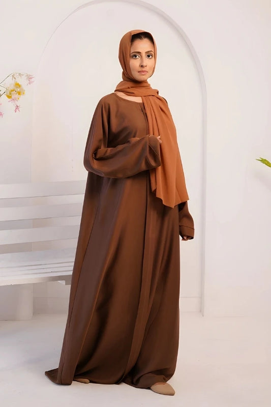Front view of Premium Nida Fabric Plain Abaya in luxurious brown for women – modest and