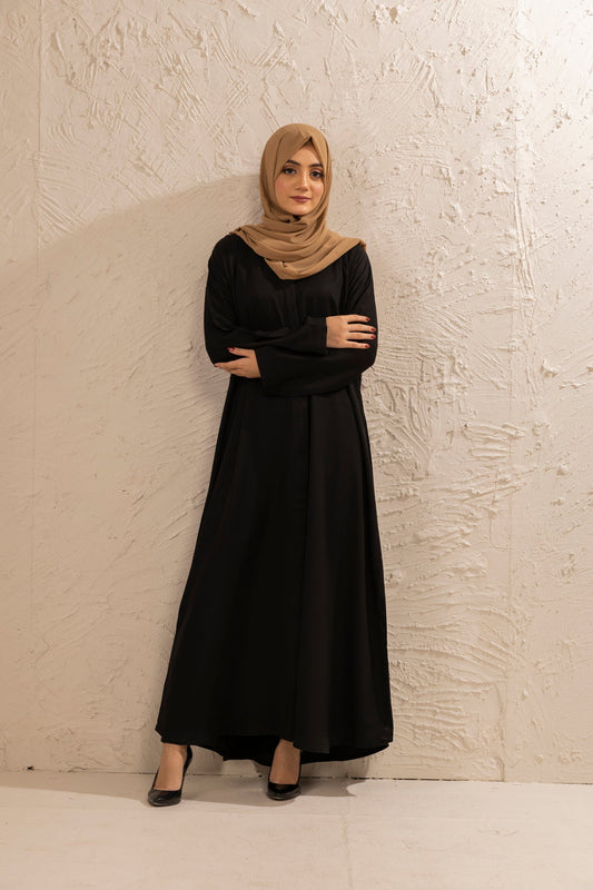 Elegant front view of classic black abaya with open style, modest fashion for women in Pakistan