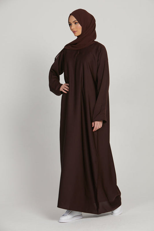 Elegant front view of classic brown abaya, simple long abaya for women, modest fashion Pakistan
