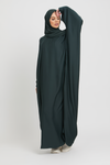 Full front view of dark green abaya kaftan in loose size, elegant modest Islamic dress for women