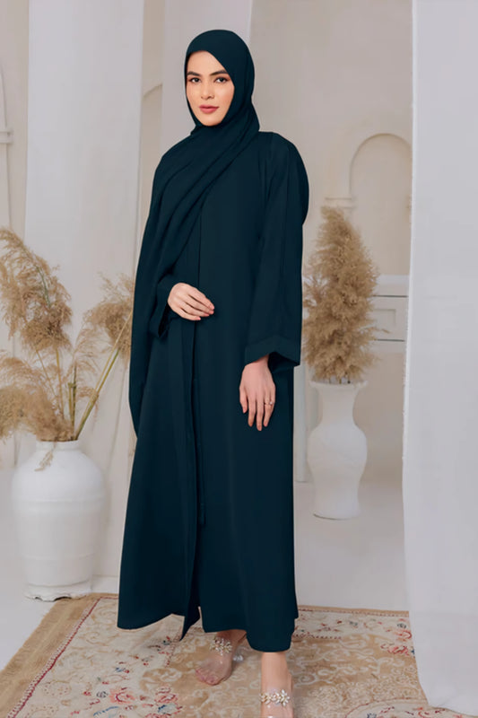 Front full view of Forest Green Front Open Abaya made from lightweight textured crepe, styled with matching hijab – Abaya for Women