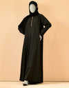 Stylish abaya with gold zipper front design, full front view, modest abaya for women, perfect for modern modest fashion in Pakistan