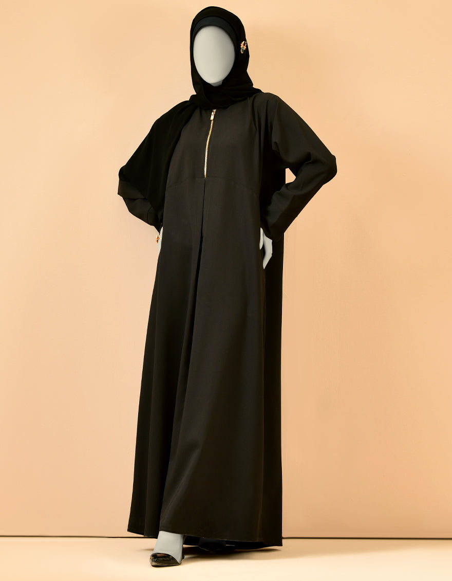 Stylish abaya with gold zipper front design, full front view, modest abaya for women, perfect for modern modest fashion in Pakistan