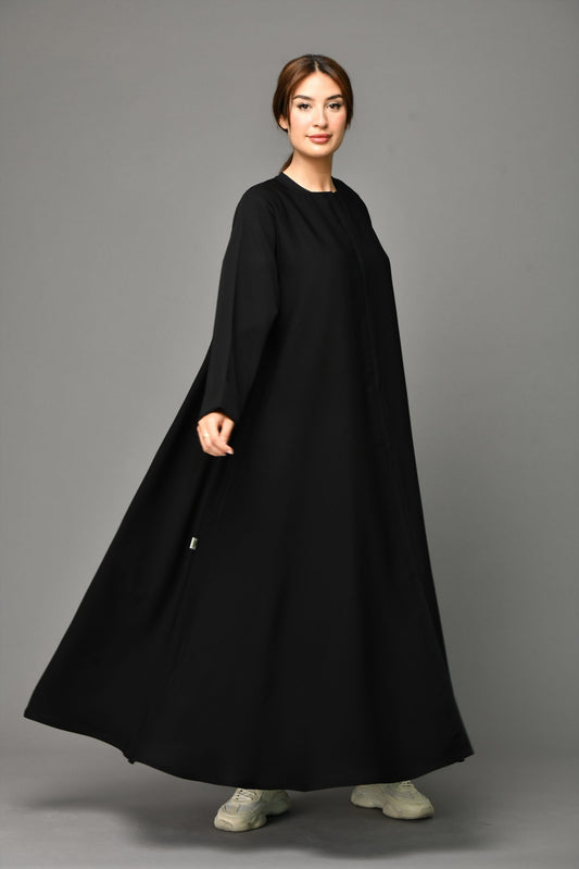 Front view showcasing the Arabic Style Zipper Abaya in premium nida fabric with elegant modest design for women.