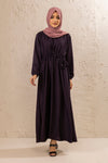 Full front view of half pintex abaya featuring elasticated cuff sleeves and waist belt, elegant modest abaya for women