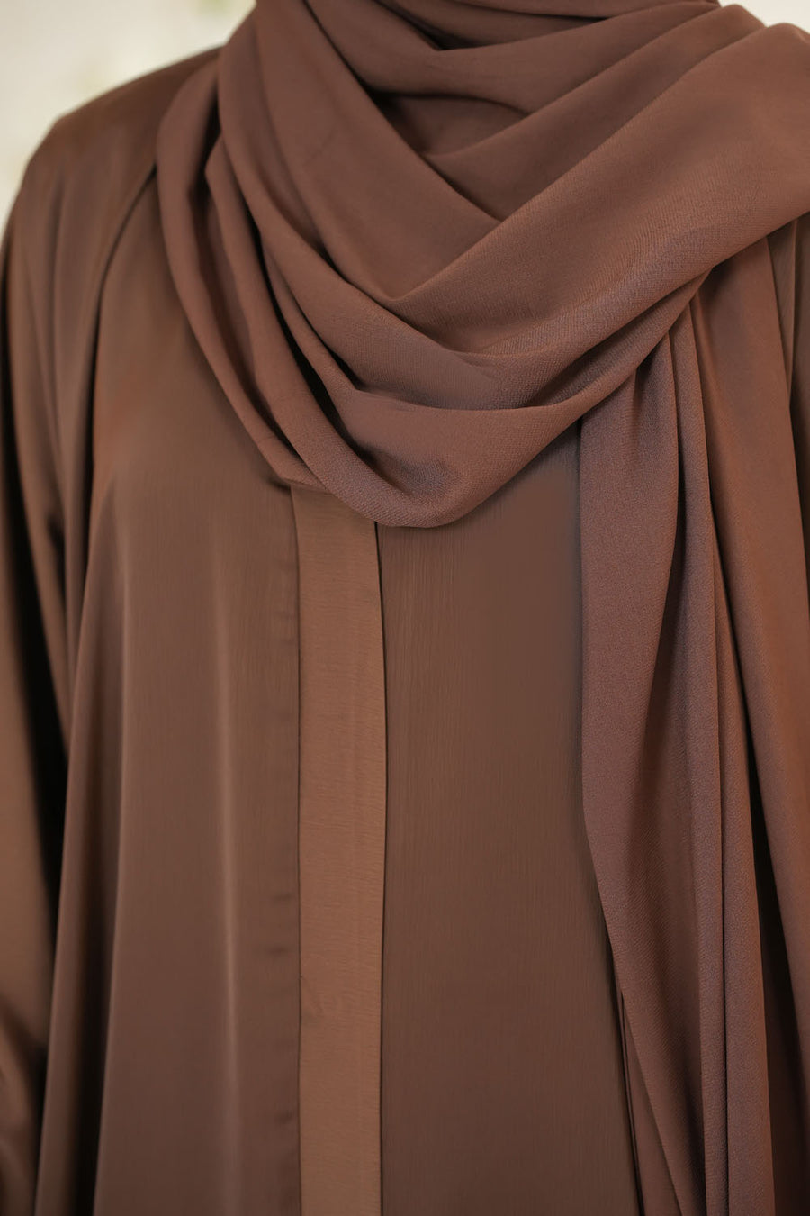 Front zoom view of Imported TikTok Crinkle Nida Fabric Abaya highlighting soft texture and crinkle finish in brown color