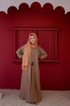 Full view of plain light brown abaya with elastic cuff sleeves – modest fashion