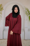 Zoom-in close-up of Maroon Front Open Zipper Abaya highlighting premium nida fabric texture, fine stitching, and elegant zipper detail for modest women’s fashion