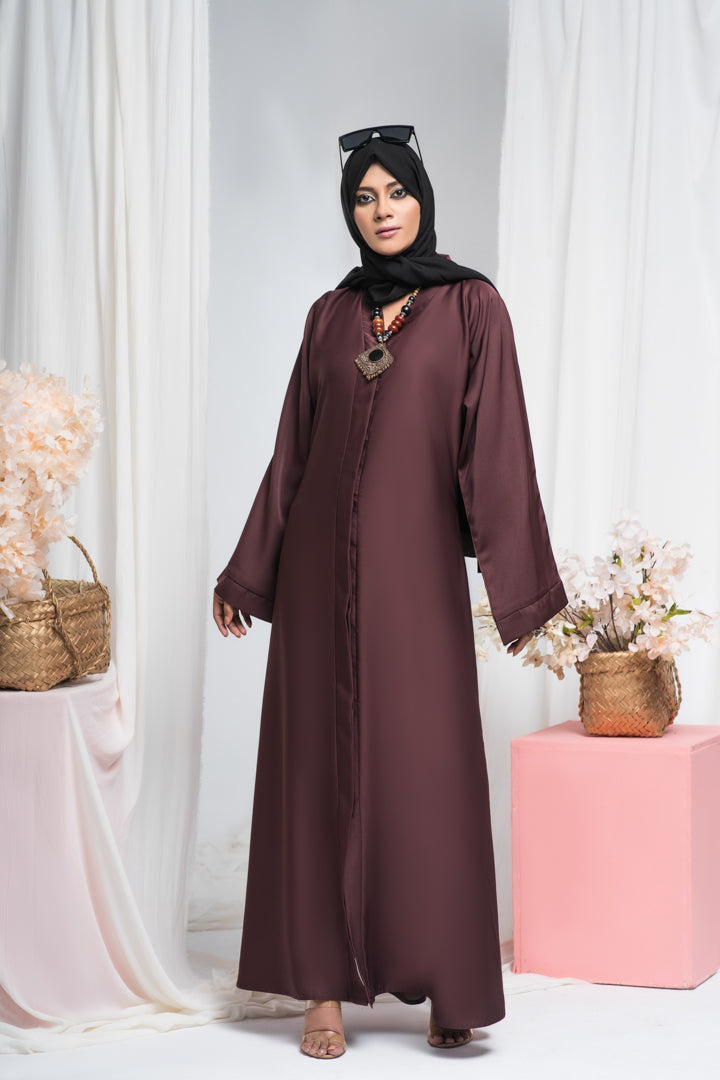 Full front view of maroon jilbab abaya, beautifully designed simple abaya with long sleeves for modest Islamic wear