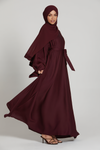 Full front view of maroon simple abaya with long sleeves, modest wear abaya for women in Pakistan