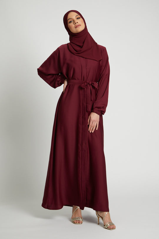 Front full view of stylish red abaya kimono with belt, modest Islamic dress for women