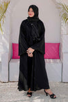 Front view of elegant Moti Work Abaya with Round Nugs showcasing premium nida fabric and modest full-length design for women