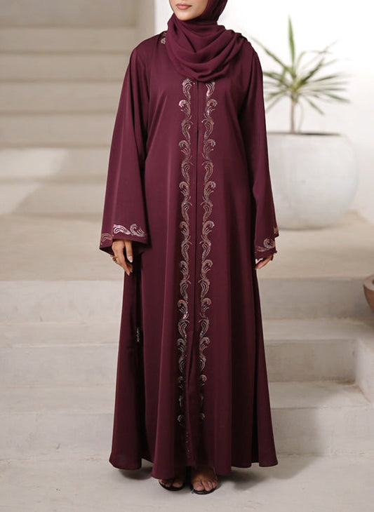 Front full view of Nida stone embellished abaya for women made with premium imported fabric, elegant modest wear