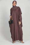 Full front view of pink abaya dress kaftan with elastic sleeves, elegant modest wear abaya for women in Pakistan