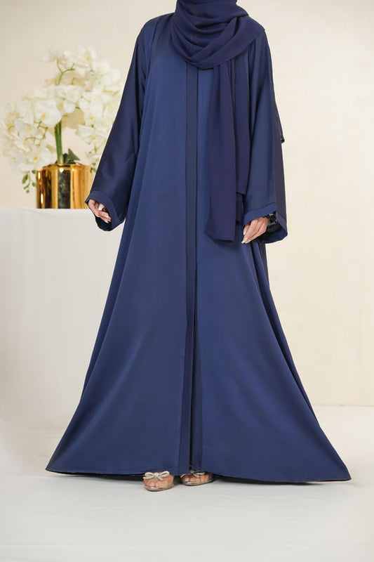 Front full view of plain front open abaya made with imported TikTok crinkle Nida fabric for women, modest wear Pakistan