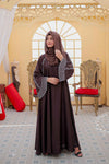 Full front view of plain white abaya featuring nug work design on sleeves – modest wear