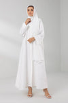Full front view of plain white front open abaya – elegant modest wear for women