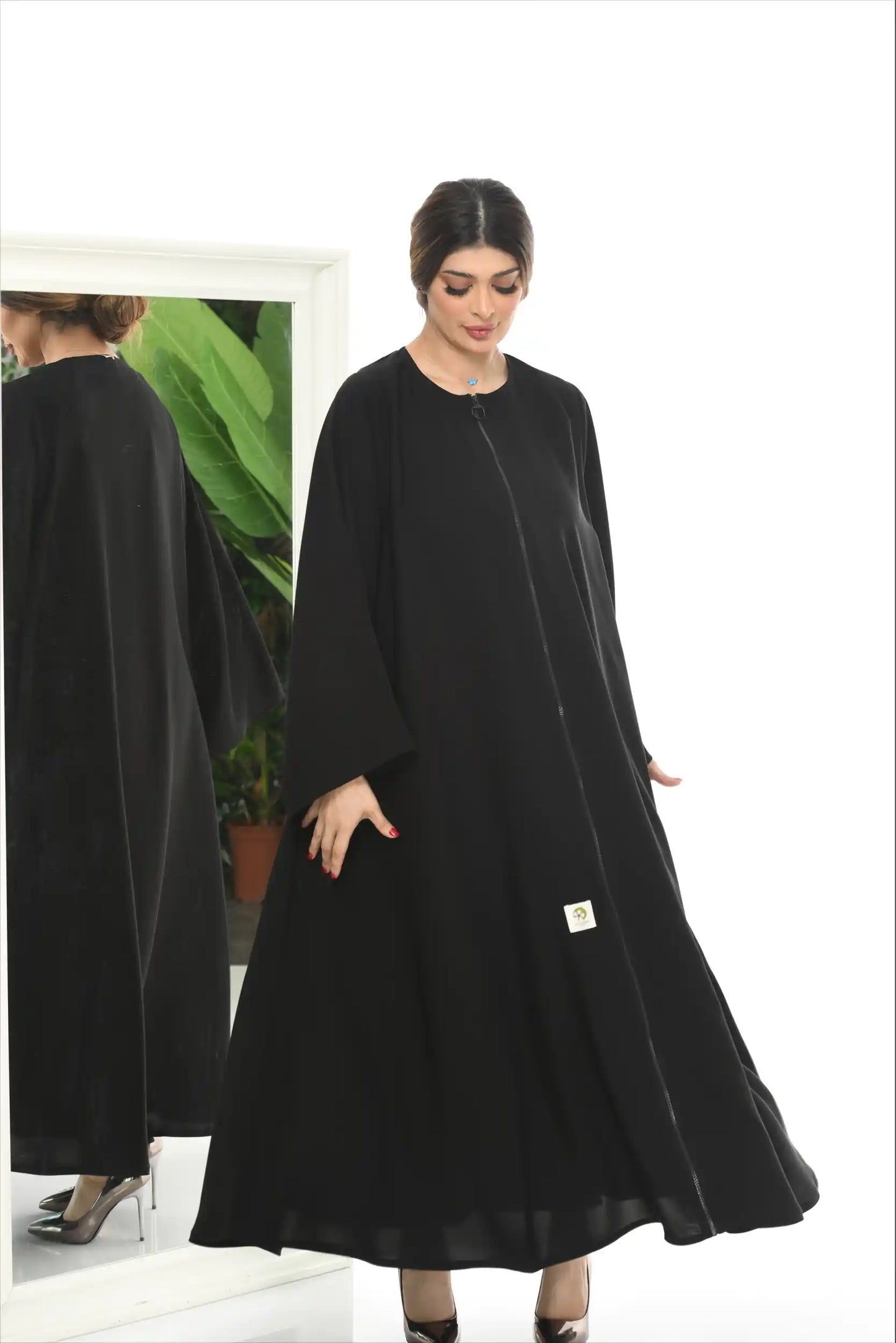 Full front view of Premium Arabic Style Full Zipper Abaya in nida fabric showing clean front-zip design and modest full-length coverage.