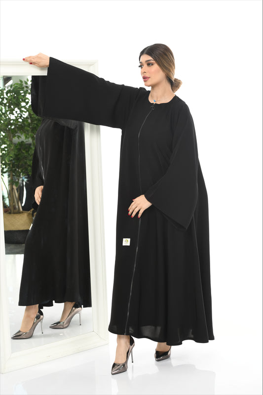 Side view of Premium Arabic Style Full Zipper Abaya in nida fabric showing elegant modest silhouette and zipper detail.