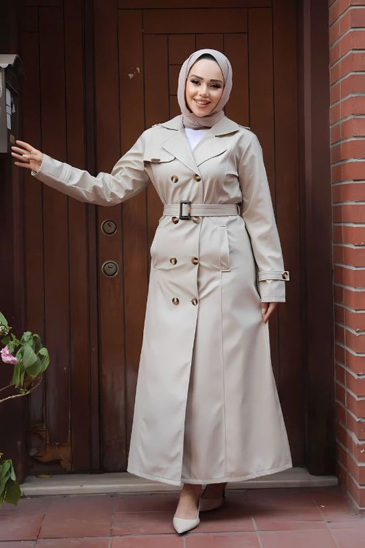 Close-up of beige Turkish trench coat with premium fabric and belt design