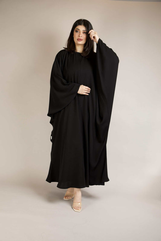 Arabic Style Kaftan Abaya in premium nida fabric – graceful front angle view for women.