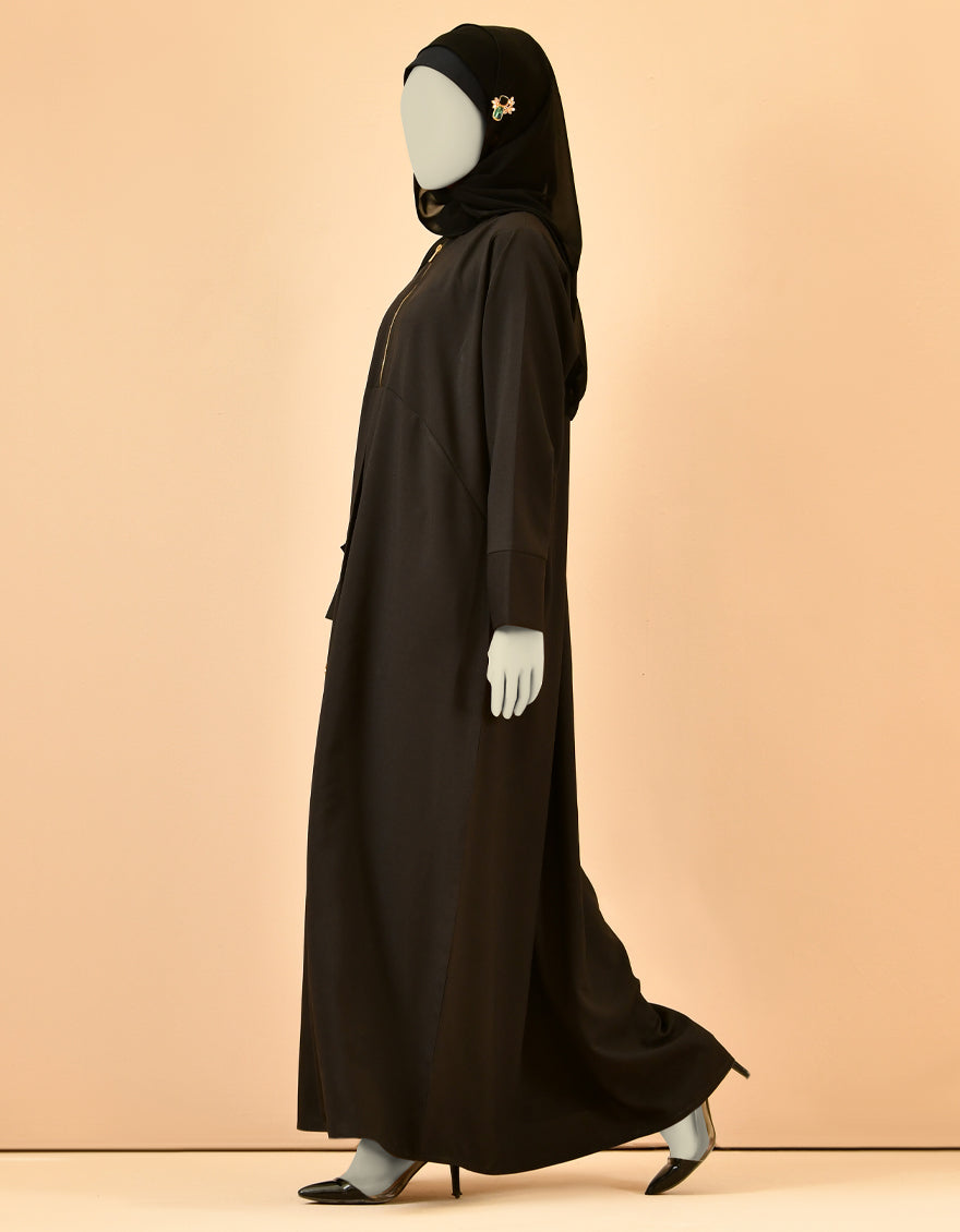 Elegant side full view of abaya with front gold zipper design, stylish modest abaya for women in Pakistan