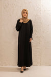 Full front view of simple black open abaya, elegant and stylish modest wear for women, perfect daily abaya