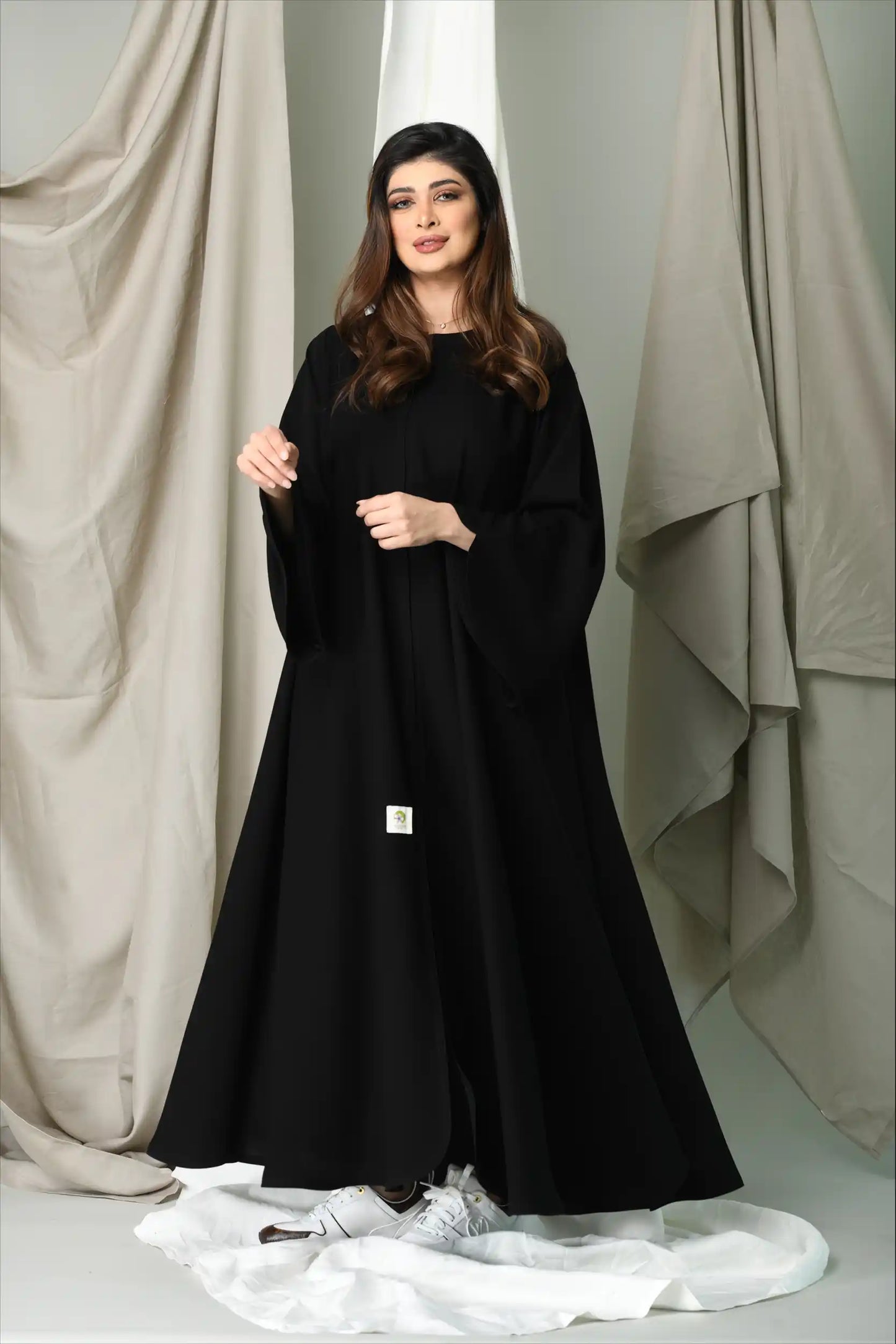 Full front view of Closh Cut Practical Abaya highlighting premium fabric, front close style, and optional full layer for modest wear.