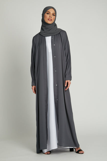 Front full view of elegant grey kimono abaya paired with white slip dress, modest wear abaya for women