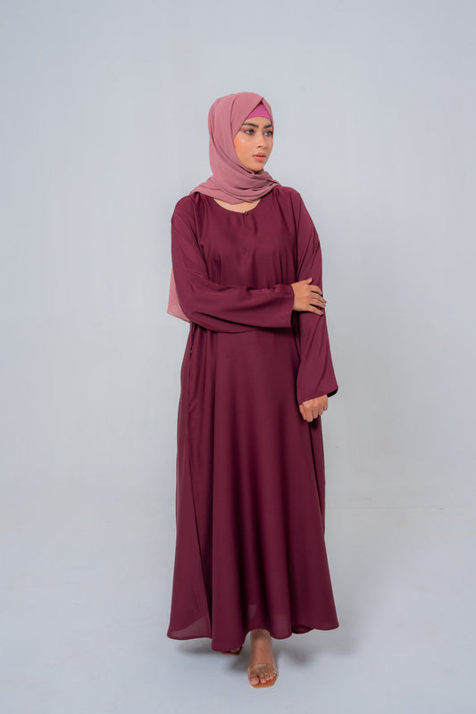 Front view of The Basic Simple Maroon Abaya showcasing elegant modest full-length design in rich maroon shade for women