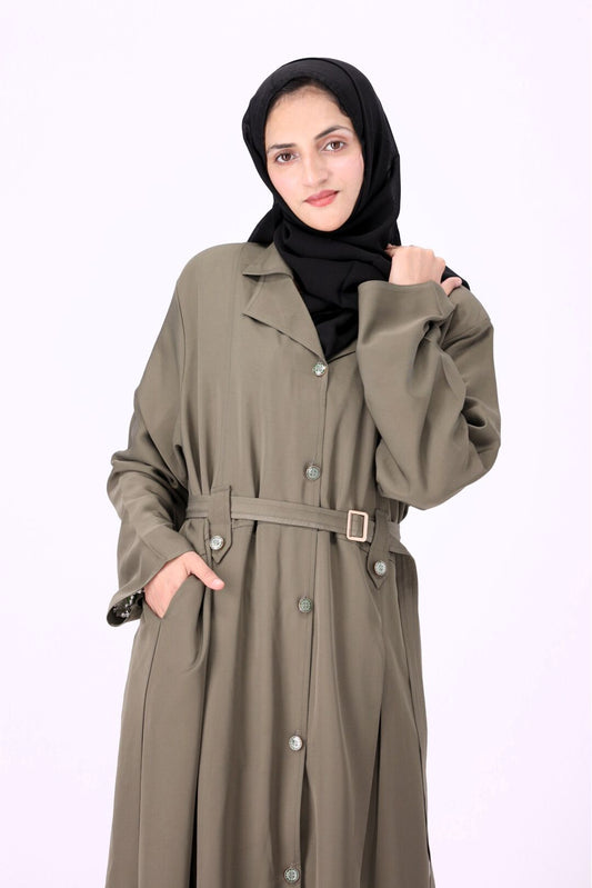 Zoom-in close view of Turkish coat abaya front buttons and fabric design, stylish modest abaya for women