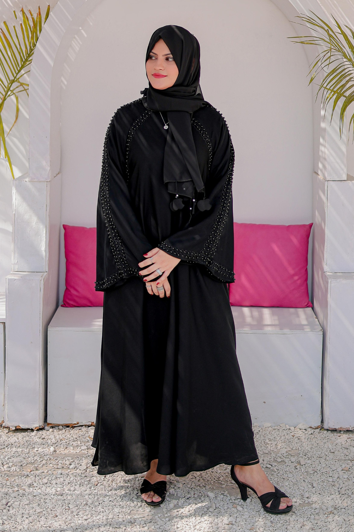 Shop Now Moti Work on Abaya With Round Nugs
