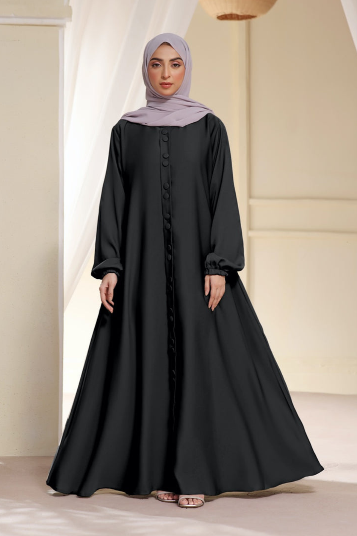 Shop Now Black Open Abaya With Buttons Elasticated Cuffs – Abaya