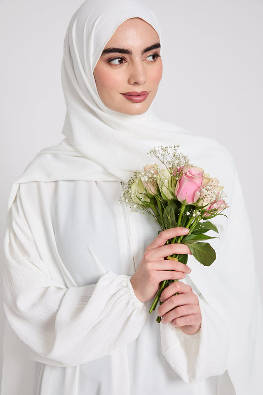 Full front view of White Closed Abaya with Front Zip highlighting elegant modest design and premium nida fabric for women
