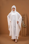 Stylish front view of Haleema White Kaftan Abaya highlighting modest kaftan silhouette.