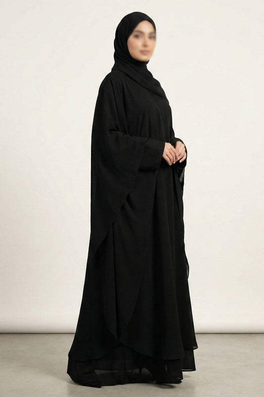 Black Halimah butterfly abaya front full view highlighting airy chiffon material and elegant flowing silhouette
