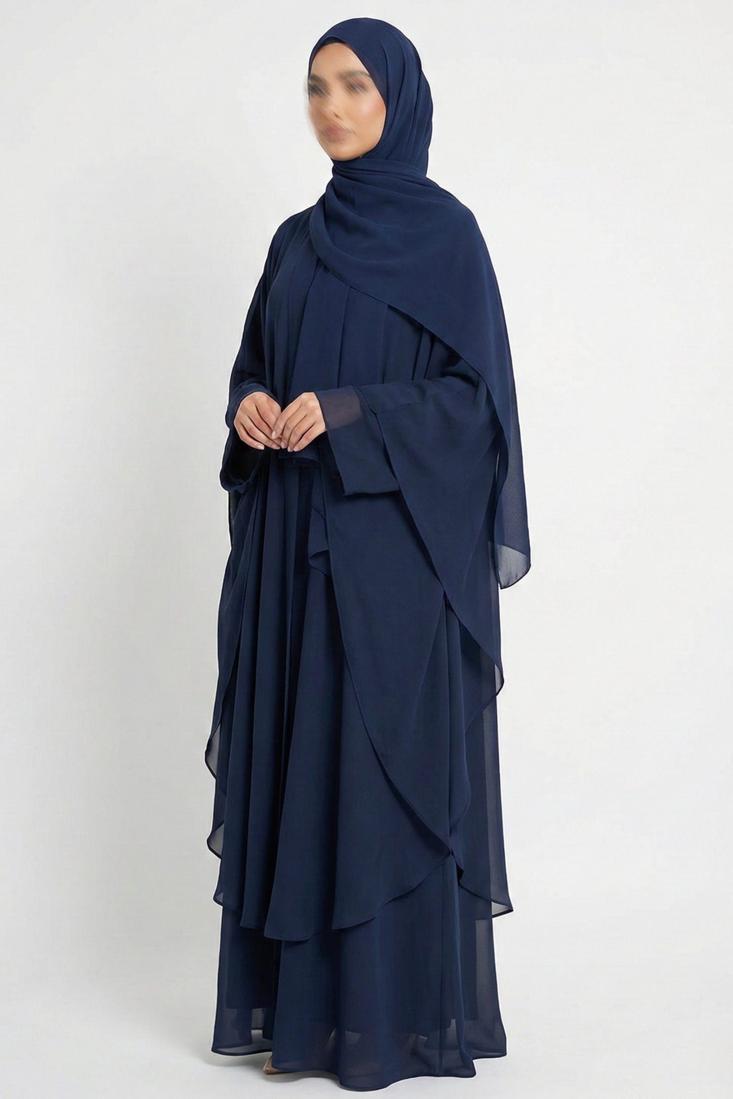 Blue Halimah butterfly abaya front full view highlighting airy chiffon fabric and graceful silhouette