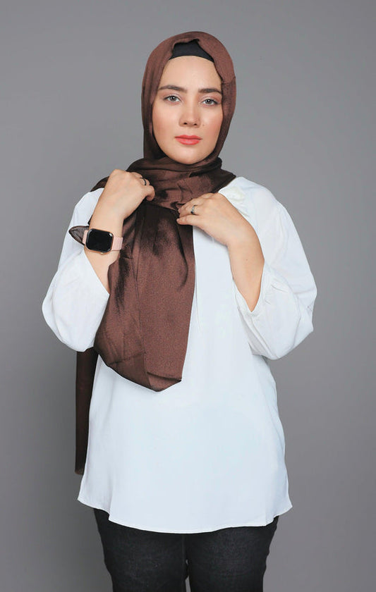 Close-up of Dark Brown Metallic Chiffon Hijab showing soft shimmer, lightweight drape, and premium modest texture