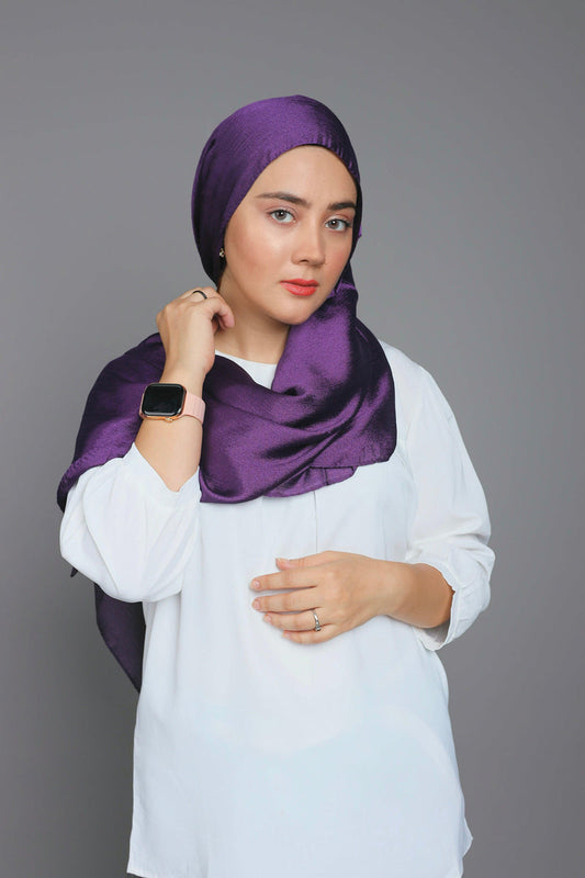 Close-up of Dark Purple Metallic Chiffon Hijab showing soft metallic shine and chiffon texture