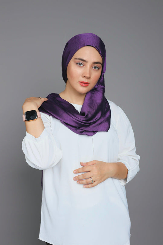 Front draped look of Dark Purple Metallic Chiffon Hijab – luxury modest hijab style for women 2025