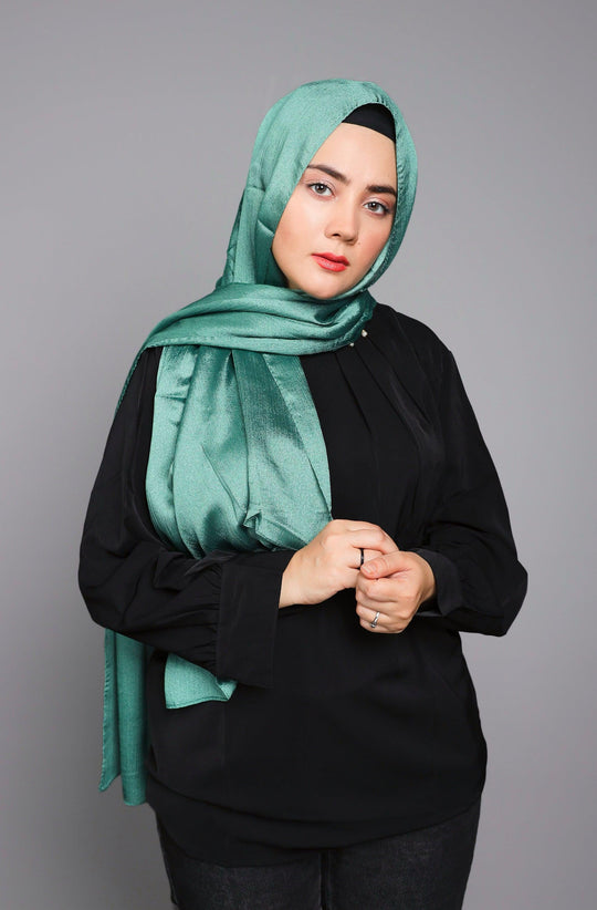 Front draped look of Metallic Chiffon Hijab in Peridot Green – luxury modest hijab for women 2025